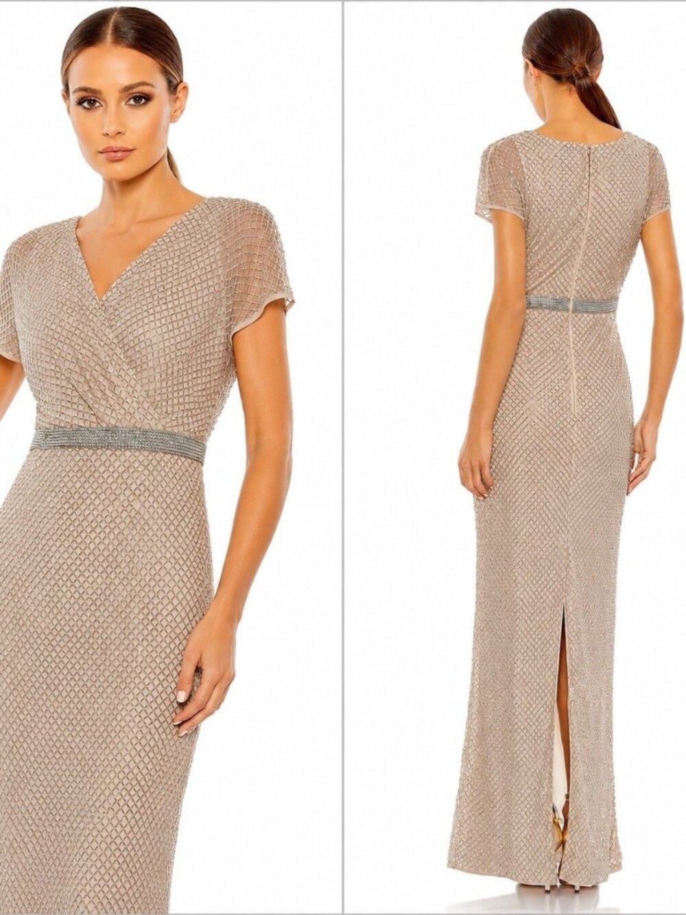 Mac Duggal Plus Size 20 Beige 93994 Beaded Wrap Short Sleeve Formal Gown Dress - Picture 2 of 10